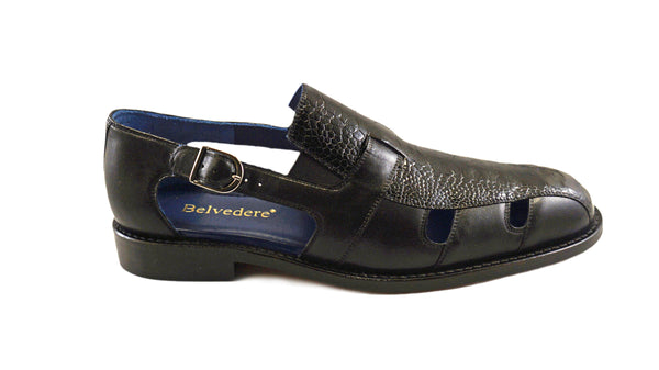 Belvedere Black ostrich Sandals "Connors". Closed toe.