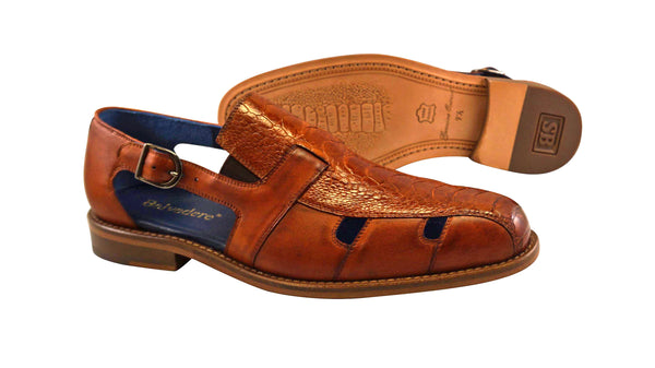 Belvedere Antique Honey Ostrich Sandal "Connors". Leather outsole.